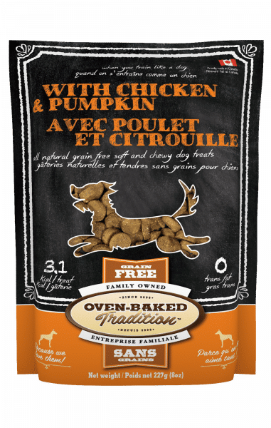 Sac de gâteries naturelles et tendres pour chiens – poulet et citrouille Oven-Baked Tradition / Bag of natural soft and chewy dog treats – chicken and pumpkin Oven-Baked Tradition