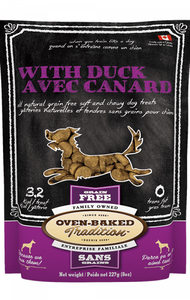 All-natural soft and chewy grain-free dog treats with duck, hypoallergenic and slowly oven baked