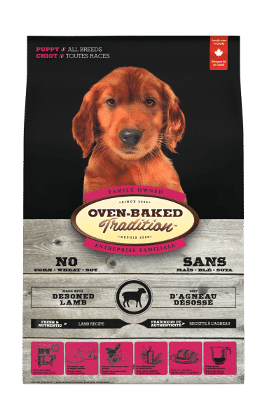 Bag of Oven-Baked Tradition all breed puppy food with lamb. Chicken-free formula, oven baked and made in Canada to support healthy growth and easy digestion.