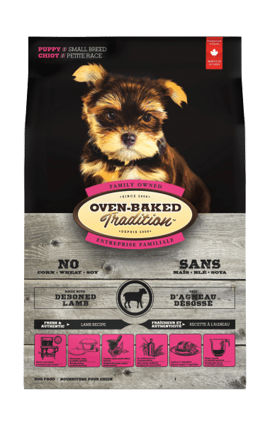 Small breed puppy food with lamb, promoting healthy growth and easy digestion. Oven baked and made in Canada with quality ingredients.
