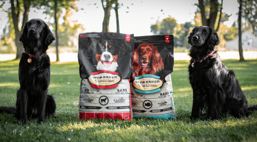 Deux chiens avec sacs de nourriture hypoallergénique Oven-Baked Tradition