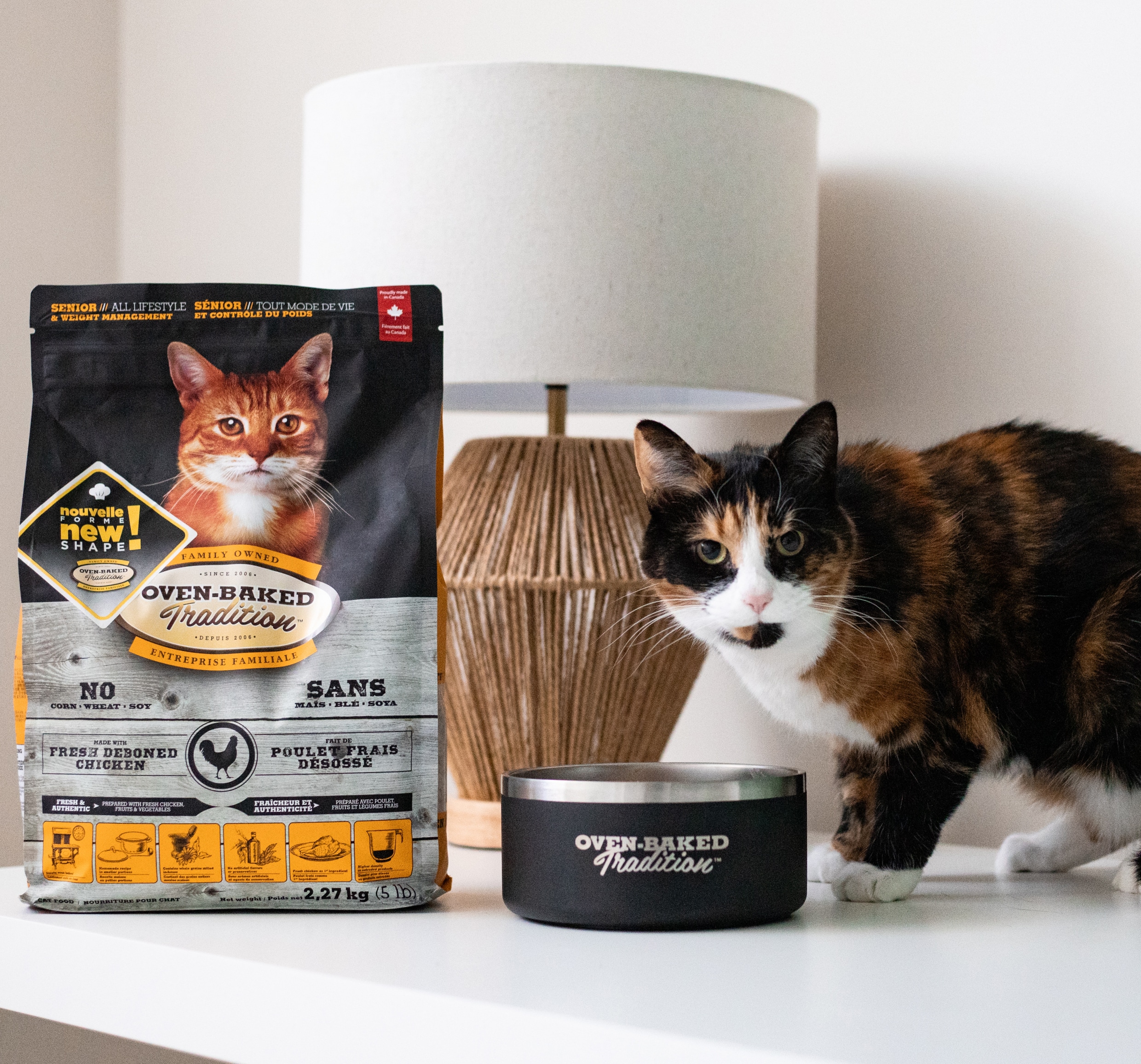 Chat adulte à côté d’un sac de croquettes Oven-Baked Tradition Poulet frais désossé et d’un bol, illustrant une alimentation saine et équilibrée pour le bien-être animal.