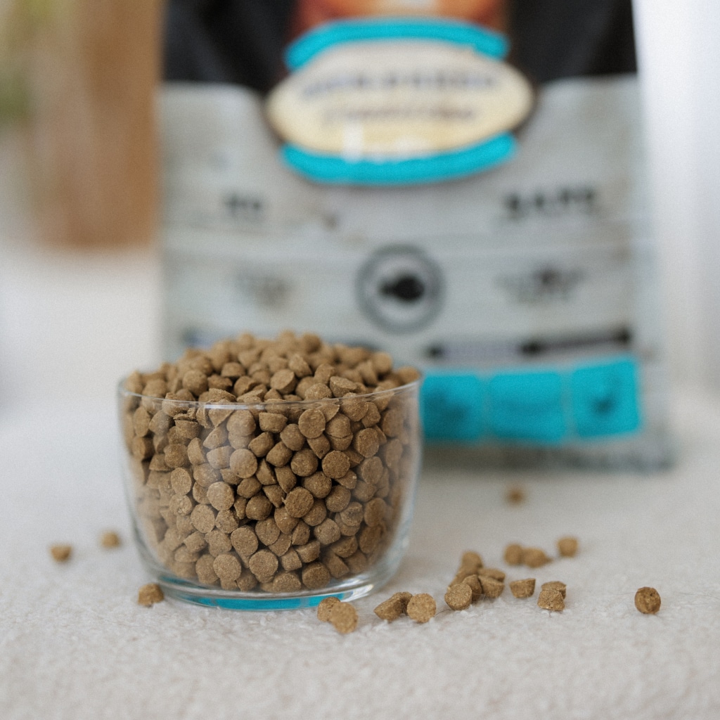 Bol de croquettes hypoallergéniques pour chien ou chat devant un sac Oven-Baked Tradition